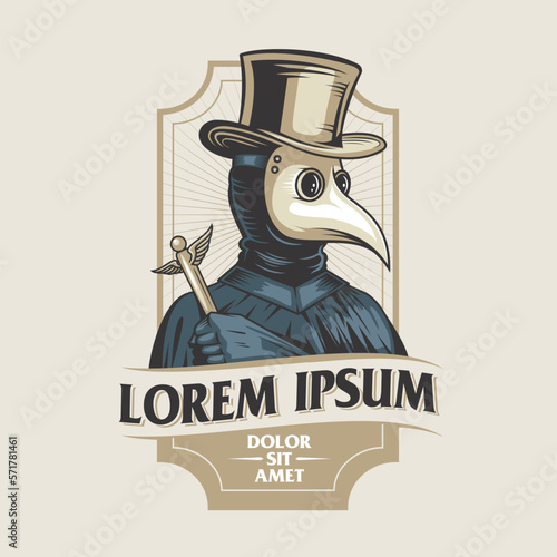 Plague Doctor logo vector illustration in vintage insignia style. the plague doctor wears bird like mask to prevent him from infectious disease or pandemic. 