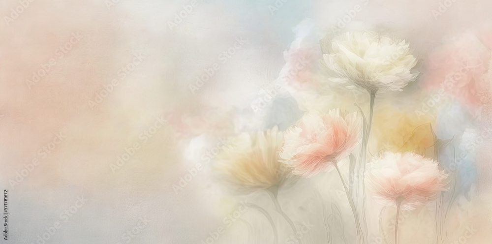 Fototapeta premium pastel light background with flowers for a spring greeting card with a copy space for text. Generative AI