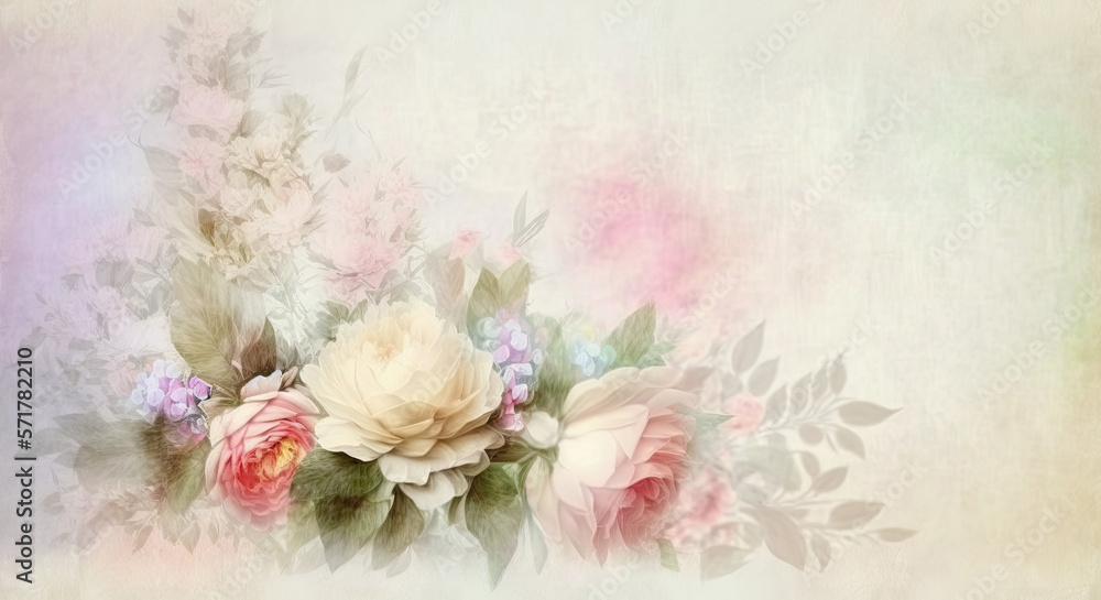 painted flowers on a light pastel background for a spring greeting card. Generative AI