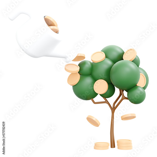 3d rendering of watering money tree concept of saving interest and investment. 3d illustration cartoon style. © Kwanchanok