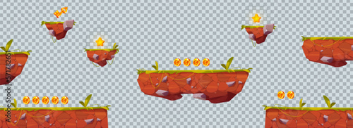 Cartoon 2d vector isolated floating platform asset for game. Transparent background scene for ui animation. Jump level on ground. Flying island with grass illustration. Summer adventure in jungle.