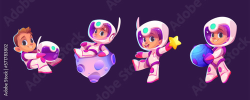 Cartoon vector illustration set of kid astronaut in space. Isolated spaceman sit on moon on dark background. Cute boy holding star, planet or helmet. Funny rpg galaxy asset design.