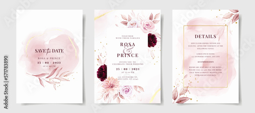 Set of watercolor wedding invitation card template with pink and burgundy floral and leaves decoration