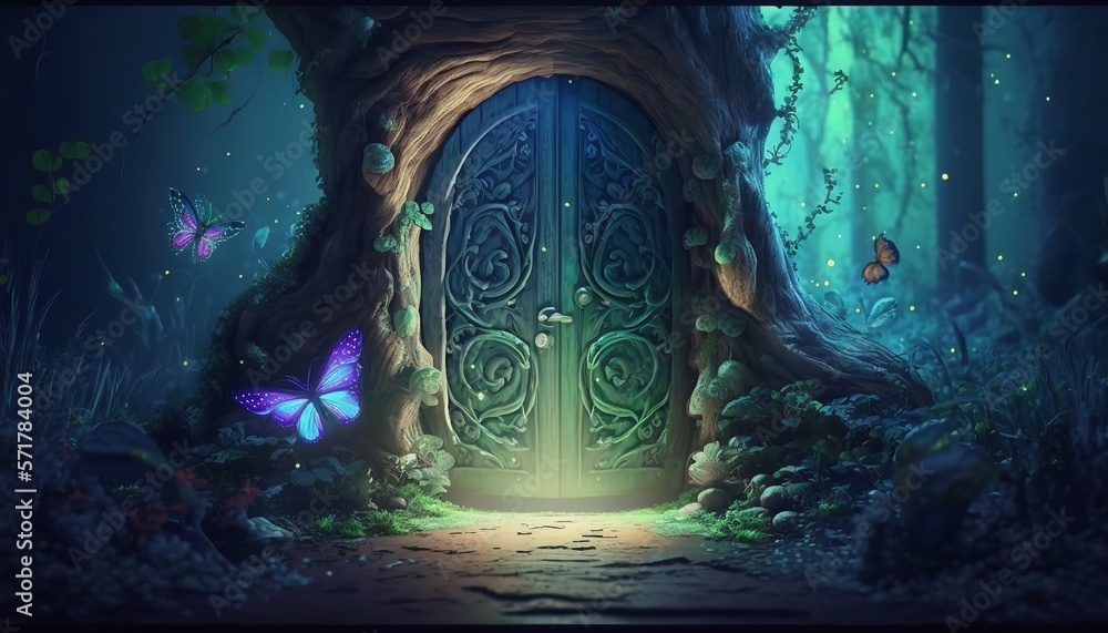 Fantasy enchanted fairy tale forest with magical opening secret doors ...