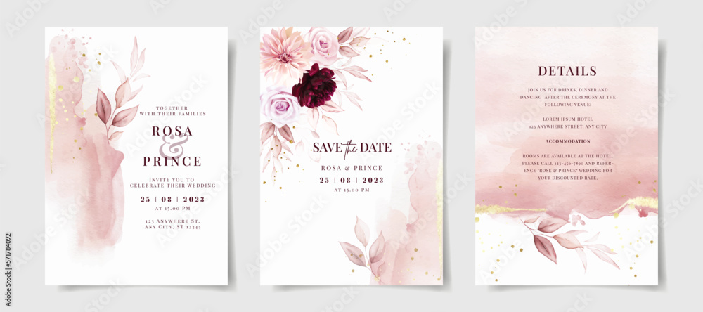 Set of watercolor wedding invitation card template with pink and ...
