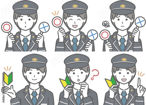 〇✕マークや初心者マークを持つ、制服の若い男性