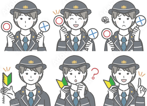 〇✕マークや初心者マークを持つ、制服の若い女性