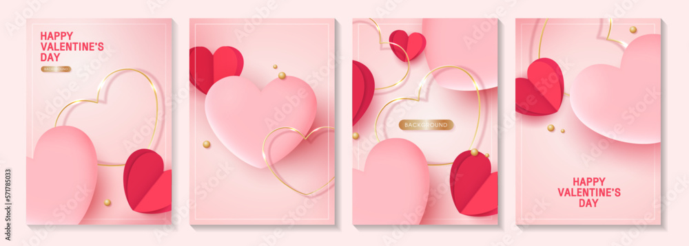 Valentine's day posters or banner set with pink hearts and gold heart. place for text. holiday banners, web, poster, flyers, voucher template, brochures and greeting cards. vector design. Valentine's day posters or banner set with pink hearts and gold heart. place for text. holiday banners, web, poster, flyers, voucher template, brochures and greeting cards. vector design.
