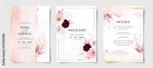 Set of watercolor wedding invitation card template with pink and burgundy floral and leaves decoration photo