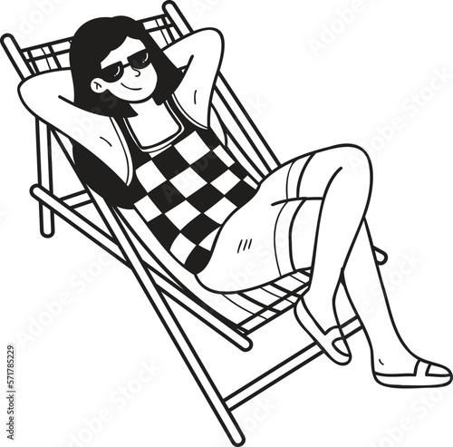 Hand Drawn Female tourists sunbathing on sunbeds illustration in doodle style