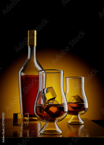 Alcohol Rum or Whiskey Bottle and Glasses on a Wooden Block - 3d Illustration Render