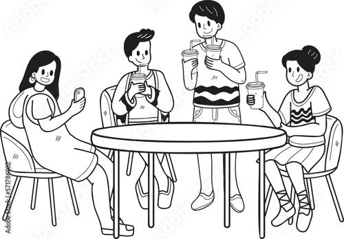 Hand Drawn group of teenagers drinking coffee illustration in doodle style