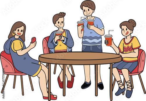 Hand Drawn group of teenagers drinking coffee illustration in doodle style