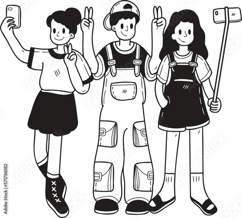 Hand Drawn group of tourists taking a selfie illustration in doodle style