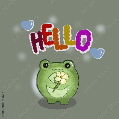 A frog holding a flower  and the word hello above a frog frog cutie  frog  tiny  green  digital  art picture