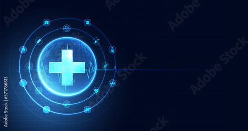 Healthcare medical science healthcare icon digital technology world concept modern business innovation, treatment, medicine. abstract about hi tech future blue background and medical research. vector.