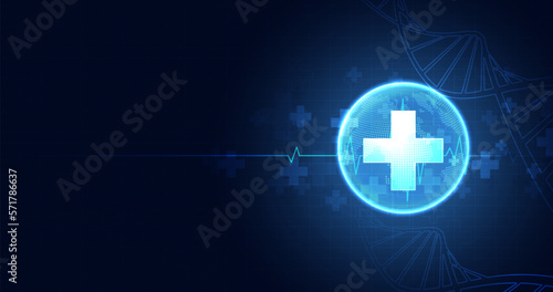 Healthcare medical science healthcare icon digital technology world concept modern business innovation, treatment, medicine. abstract about hi tech future blue background and medical research. vector.