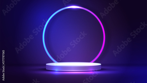 Podium or stand with line gradient neon in Sci-fi. abstract scene with pink and blue neon frame. vector rendering product display. futuristic minimal scene. vector design.