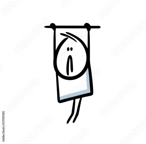 Cartoon sad teenager is hanging on crossbar and trying to pull himself up at a physical education lesson.