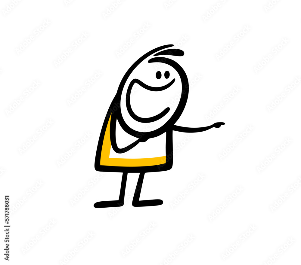 Obraz premium Funny cartoon stickman points with finger to the right and laughing.