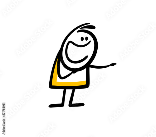 Funny cartoon stickman points with finger to the right and laughing.
