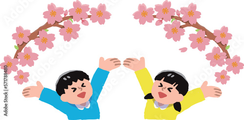 桜と喜ぶ男の子と女の子（手書きカラー）