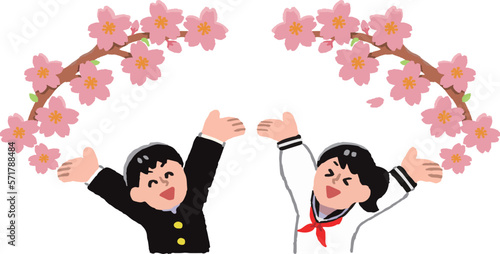 桜と喜ぶ学生服姿の男女（手書きカラー）