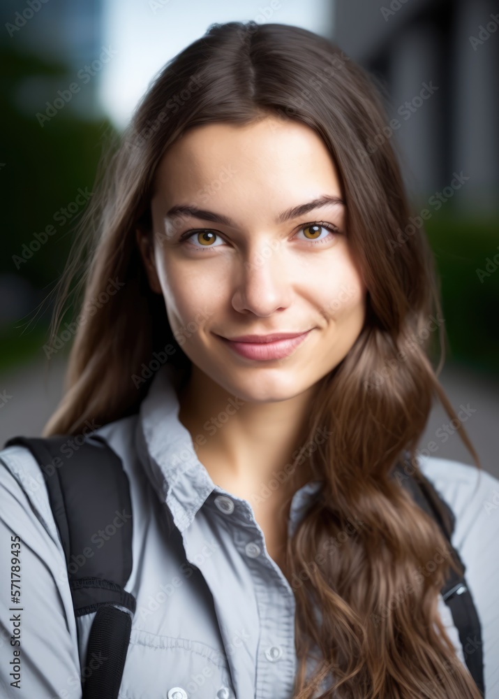 Young brunette female college student looking at the camera smiling. Generative AI
