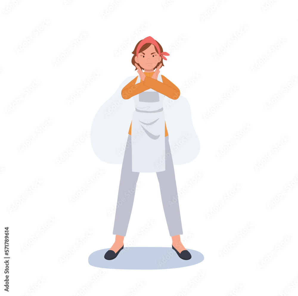 Fototapeta premium Professional Cleaner. people Character of Lady working as housekeeper doing 'NO' , stop ,prohibited hand sign. Flat vector illustration