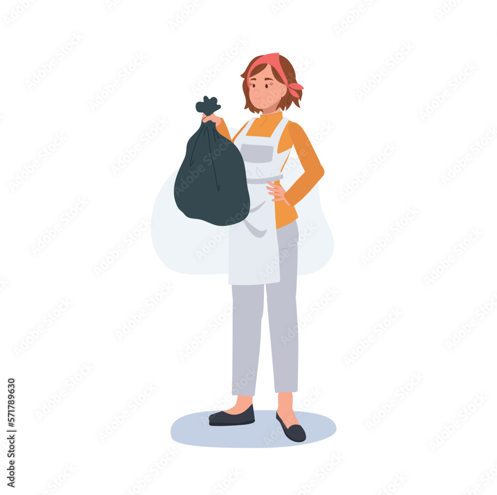 Professional Cleaner. people Character of Lady working as housekeeper is holding trash bag. Flat vector illustration