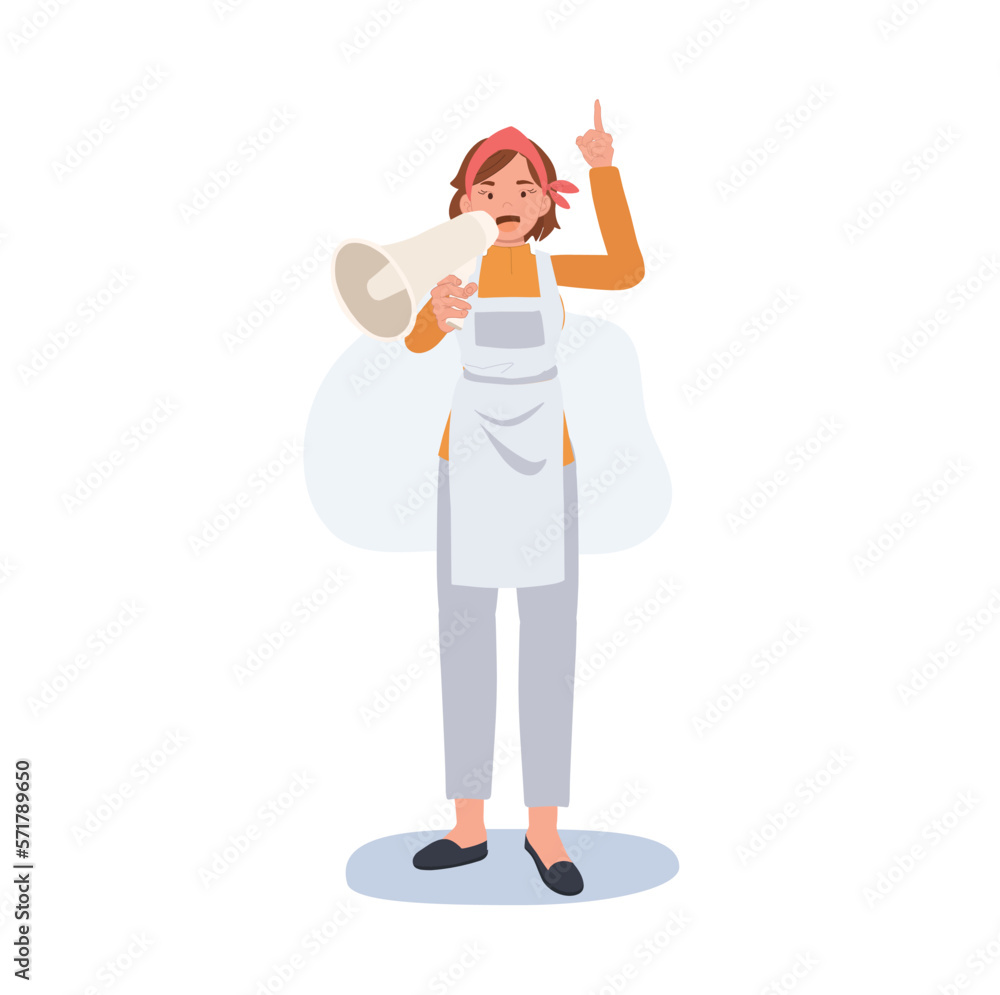 Professional Cleaner. people Character of Lady working as housekeeper is holding megaphone, announcement. Flat vector illustration Professional Cleaner. people Character of Lady working as housekeeper is holding megaphone, announcement. Flat vector illustration
