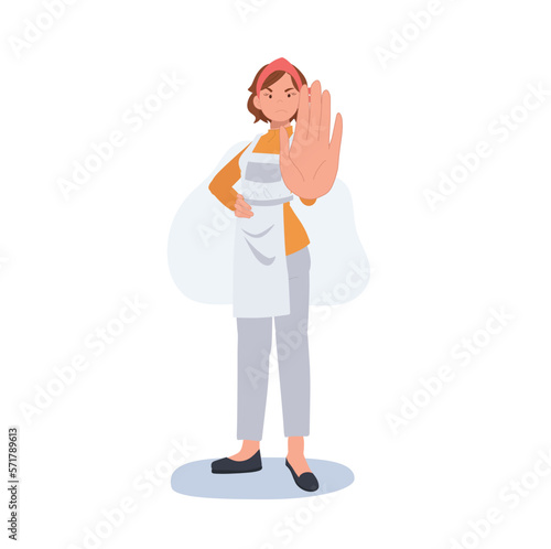 Professional Cleaner. people Character of Lady working as housekeeper doing 'NO' , stop ,prohibited hand sign. Flat vector illustration