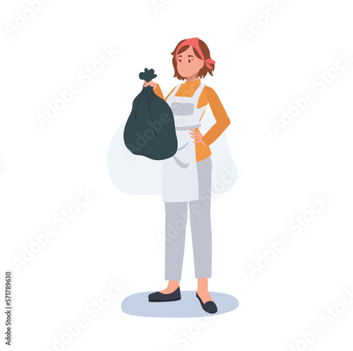 Professional Cleaner. people Character of Lady working as housekeeper is holding trash bag. Flat vector illustration