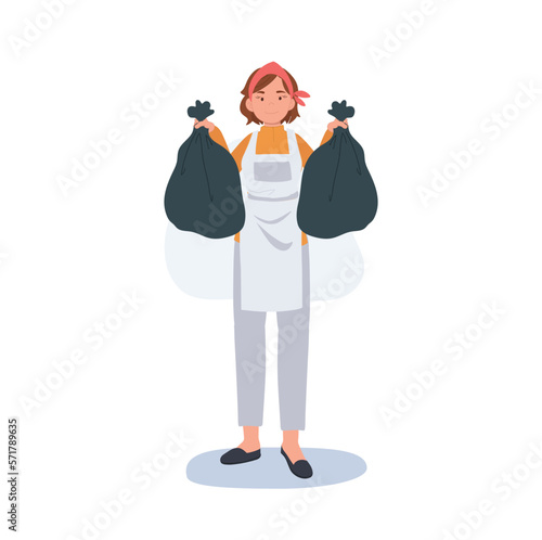 Professional Cleaner. people Character of Lady working as housekeeper is holding trash bags in both hands. Flat vector illustration