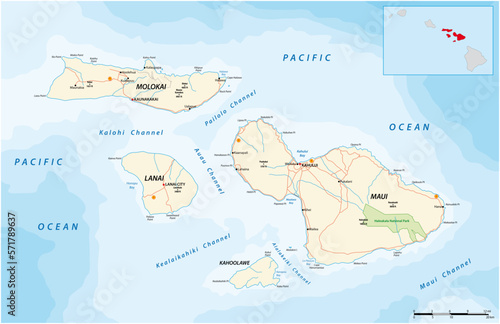 Road map of the Hawaiian Islands of Maui, Molokai, Lanai and Kahoolawe