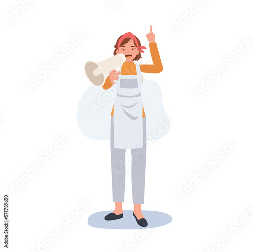 Professional Cleaner. people Character of Lady working as housekeeper is holding megaphone, announcement. Flat vector illustration