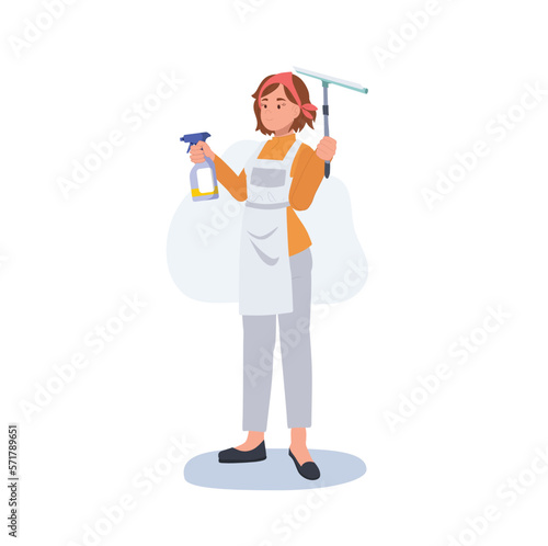 Professional Cleaner. people Character of Lady working as housekeeper is holding spray and Glass Wiper. Flat vector illustration