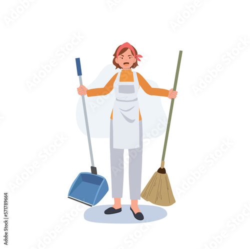 Professional Cleaner. people Character of Lady working as housekeeper is holding dustpan and broom. Flat vector illustration
