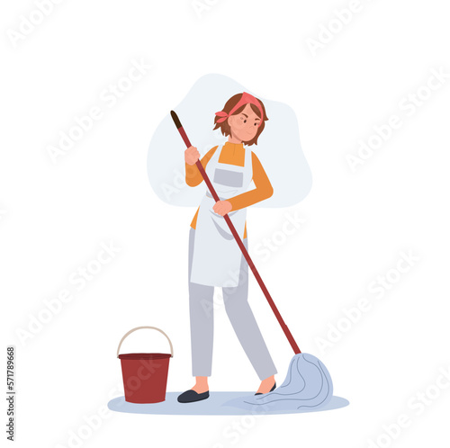 Professional Cleaner. Lady working as housekeeper is cleaning the floor by mop. Flat Vector illustration
