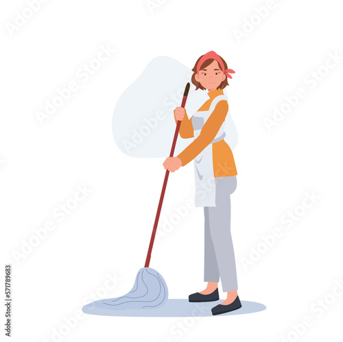 Professional Cleaner. Lady working as housekeeper is cleaning the floor by mop. Flat vector illustration