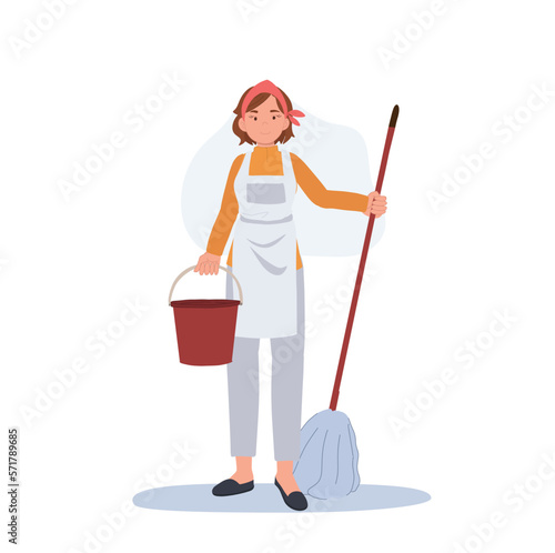 Professional Cleaner. Lady working as housekeeper with mop and bucket. Flat vector illustration