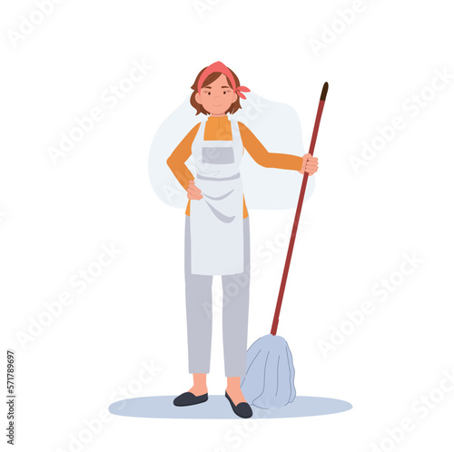 Professional Cleaner. Lady working as housekeeper with a mop. Flat vector illustration