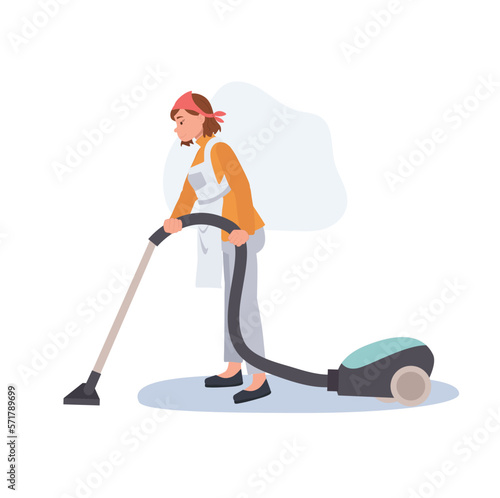 Professional Cleaner. Lady working as housekeeper is vacuuming the floor. Flat vector illustration