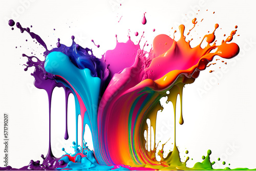 Exploding liquid paint in rainbow colors with splashes 