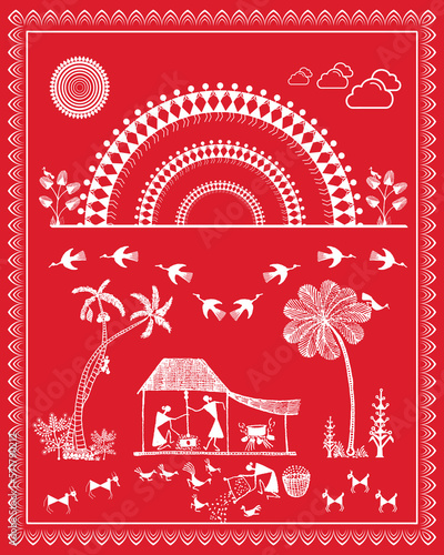 Indian rural life in art painting. Warli painting showing Tribal Lifestyle. drawing and wall painting. Indian illustration, art, vector.  photo