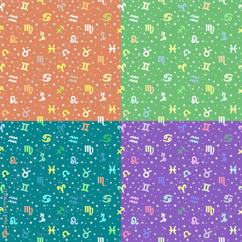 Backgrounds with zodiac signs. Set of seamless astrology patterns with zodiac signs
