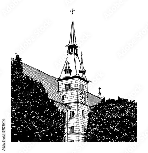 Vector illustration with silhouette of ancient clock tower and weather vane on a spire in Switzerland.