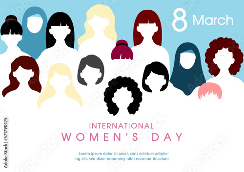Group of women and various nationalities with wording of Women's day on blue background