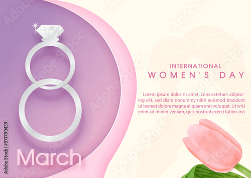 A diamond ring in a number 8 shape with pink tulip and wording of women day, example text on colors background. Card and poster's campaign of Women's day in paper cut style