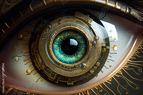 Illustration of futuristic human eye with electronic elements  AI-generated concept. 